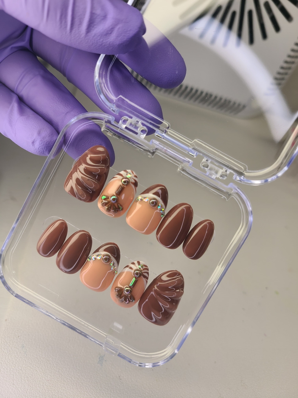 Size (M)-Handcrafted Brown & Peach Rhinestone Press-On Nail Set